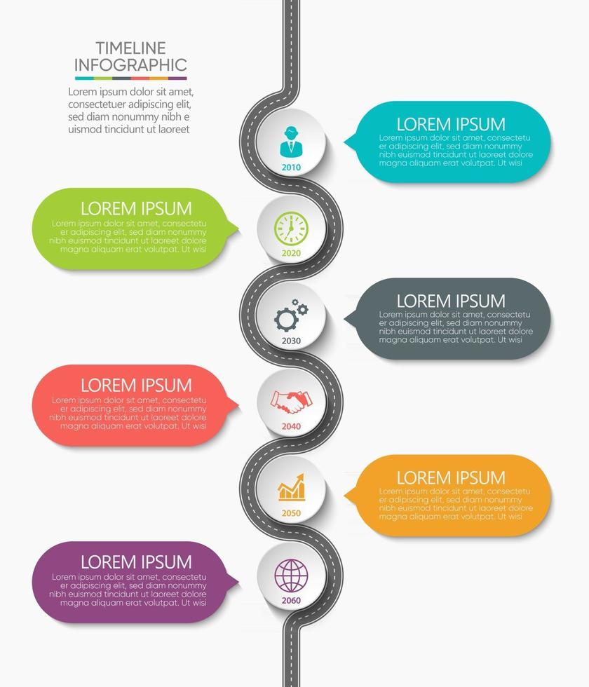 Iconos de infografía de línea de tiempo de mapa de carreteras de negocios diseñados para la plantilla de fondo abstracto vector