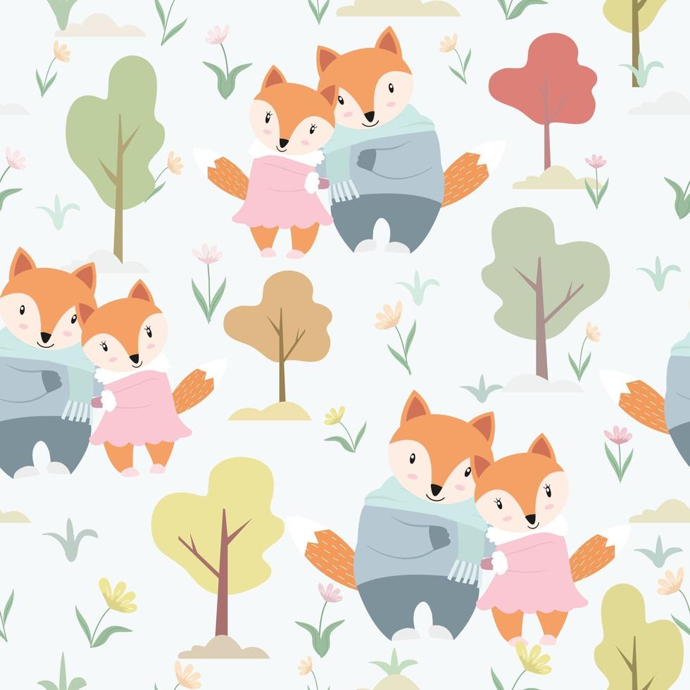 Cute a couple fox in the garden cartoon seamless pattern vector