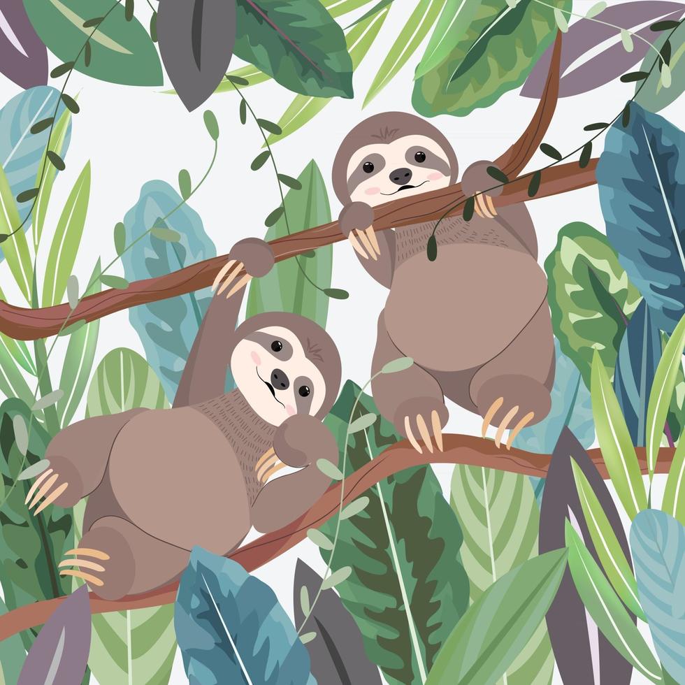 Cute a couple sloth in botanical tropical forest vector