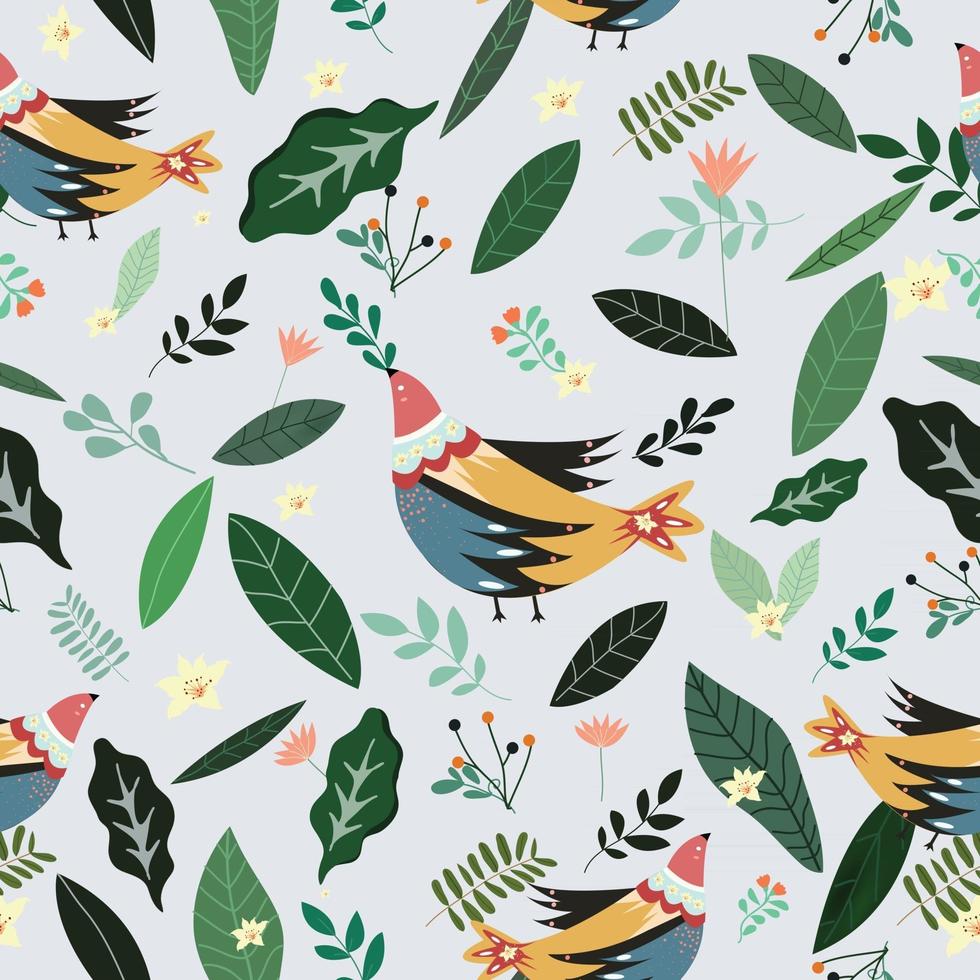 beautiful bird with green leaf and flower seamless pattern vector