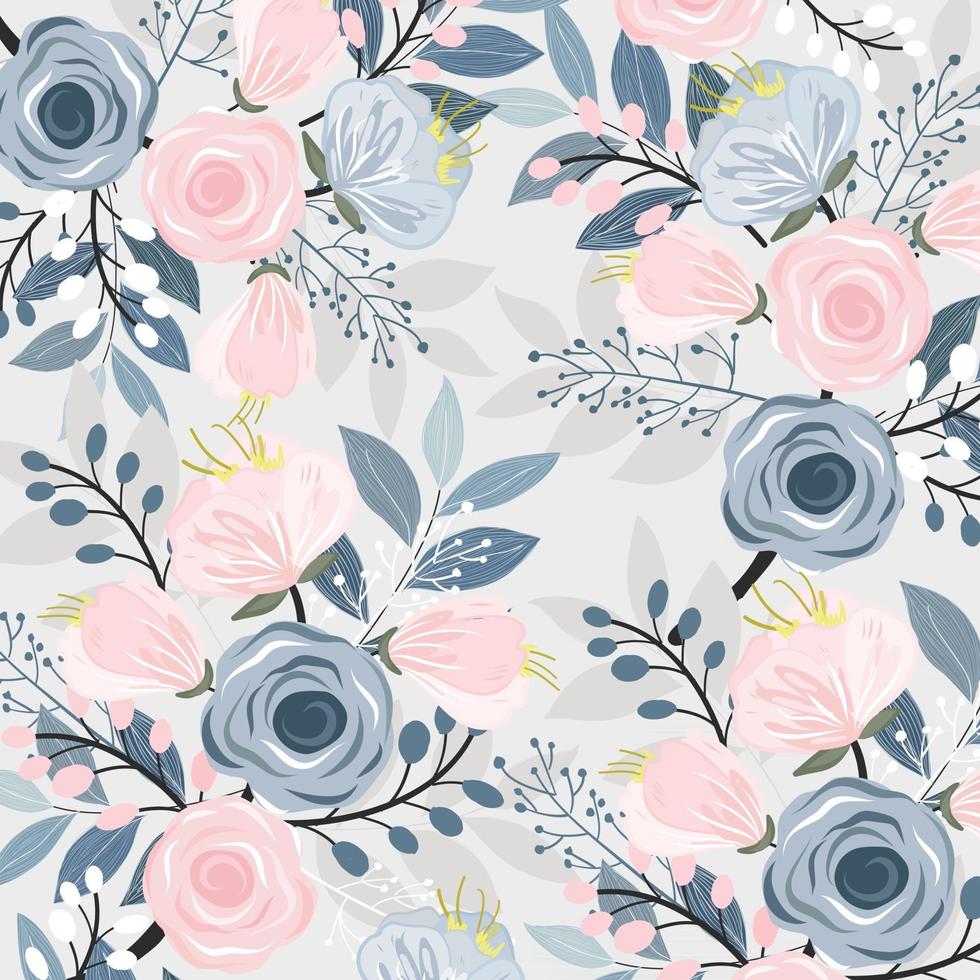 Pink and blue floral with leaf pattern vector