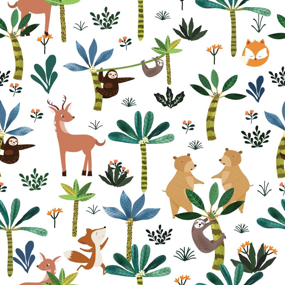Cute animal in botnical tropical forest seamless pattern vector