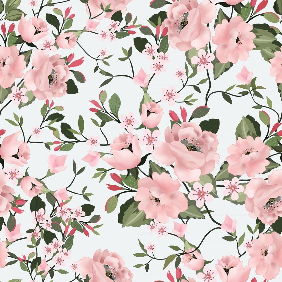 Sweet pink flower and green leaf seamless pattern vector