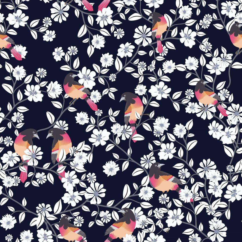 Beautiful bird and white floral seamless pattern vector