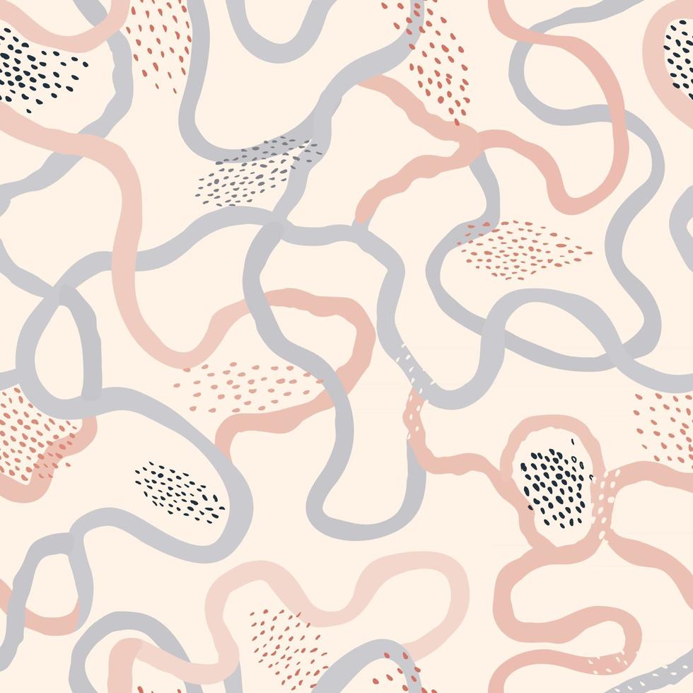 Abstract dotted seamless pattern with swirl lines Ornamental drawn texture Abstract backdrop with chaotic flowing wriggling lines and dots vector