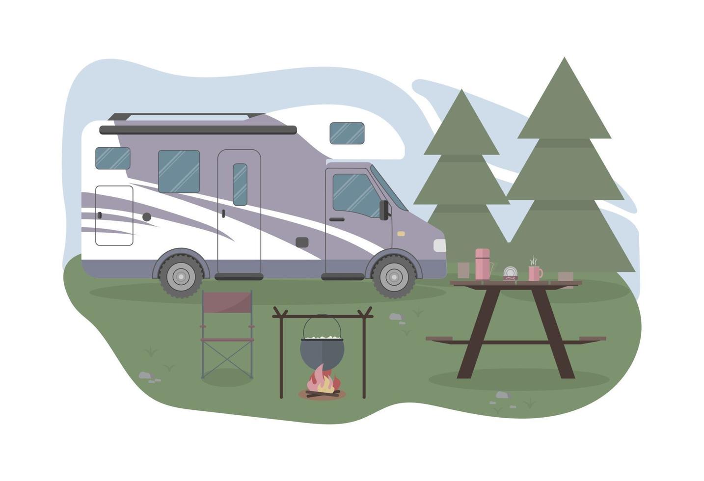 Caravana o autocaravana en el bosque ilustración de vector de concepto de vacaciones de verano local en estilo plano en colores rosa púrpura verde y azul