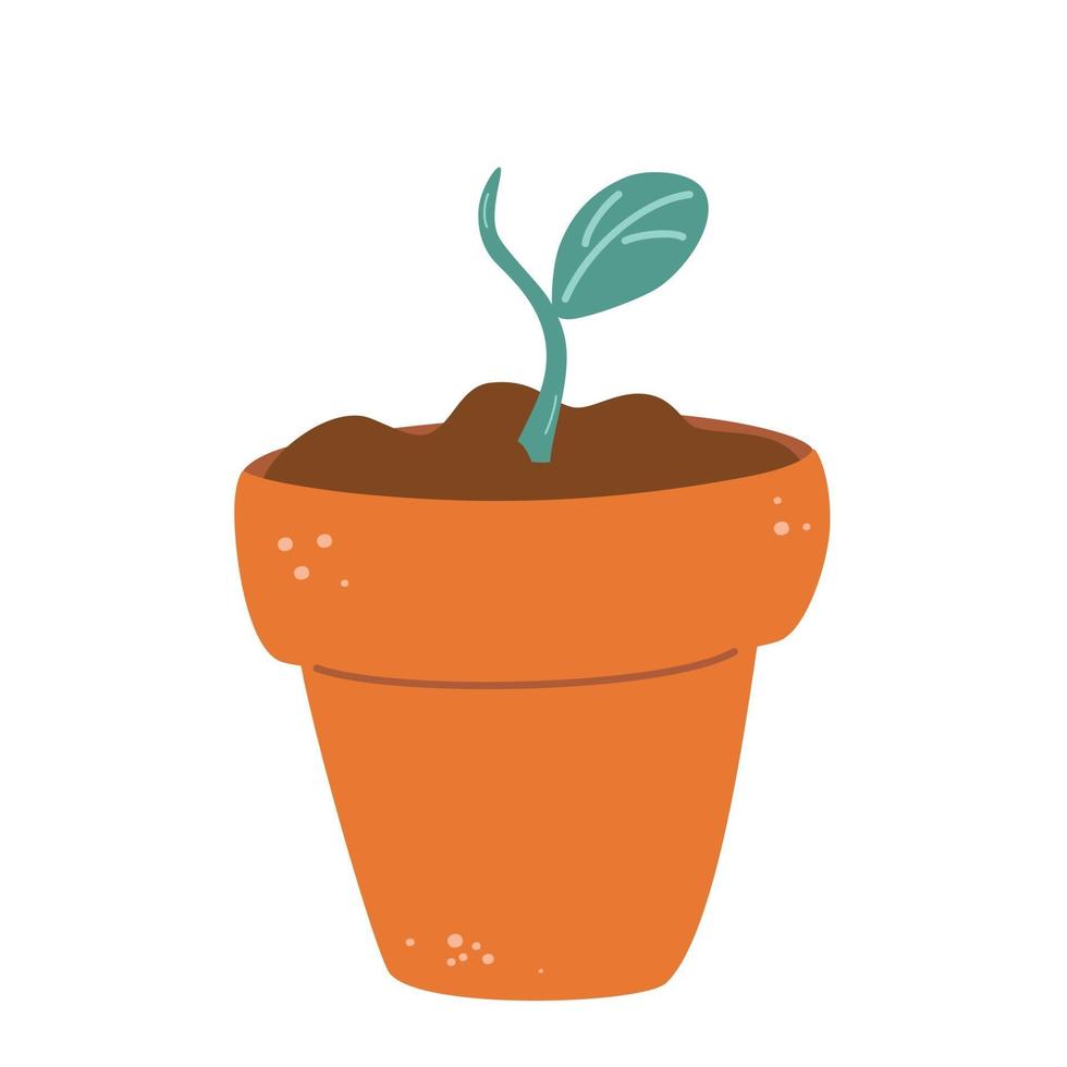 Flower pot with sprout Simple plant with green leaves in brown pot Green sprouts growing out from soil The concept of growth and be handled with care Vector flat illustration