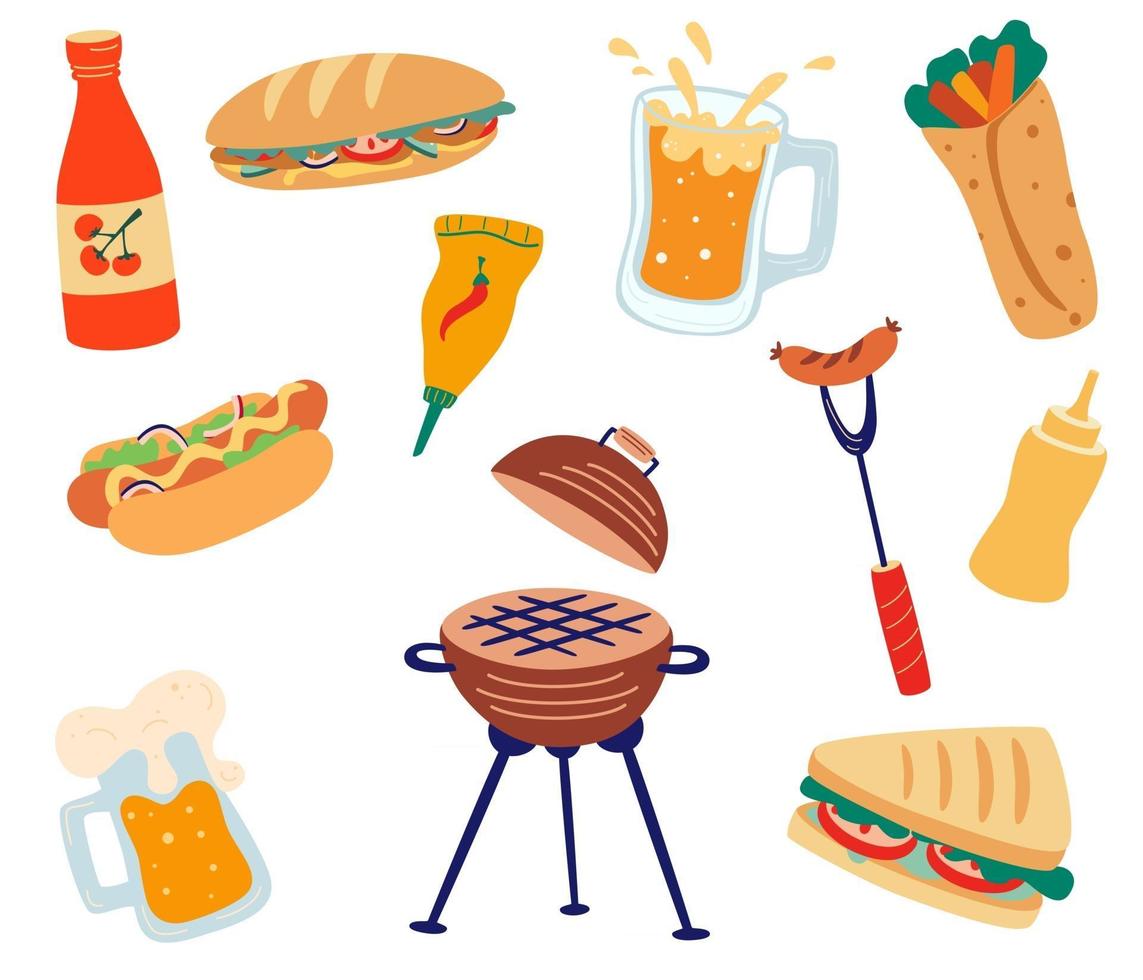 Set with barbecue and fast food Grilled sandwiches burgers sausages sauces hot dog and beer Campfire and nature food Barbecue parties Flat vector illustrations