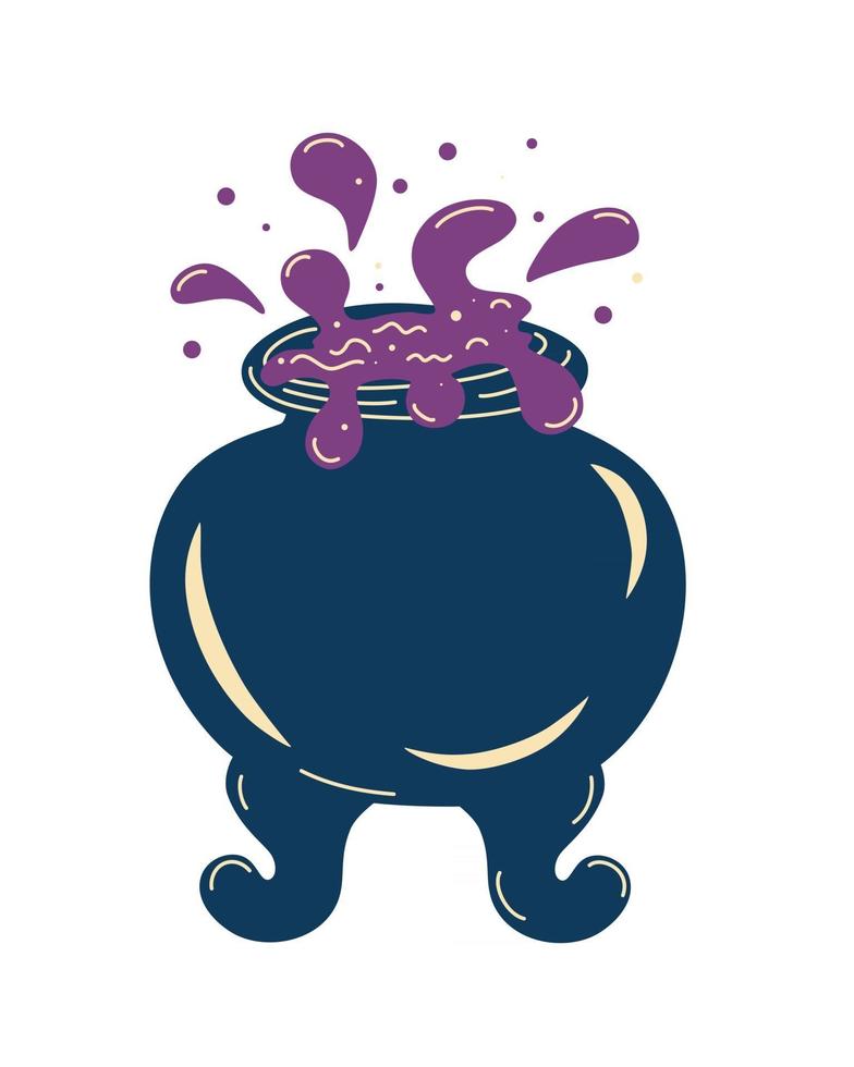 Witch cauldron with bubbling liquid Magic potion Symbol of witchcraft Dark boiling cauldron Traditional Symbol of halloween Flat vector illustrations