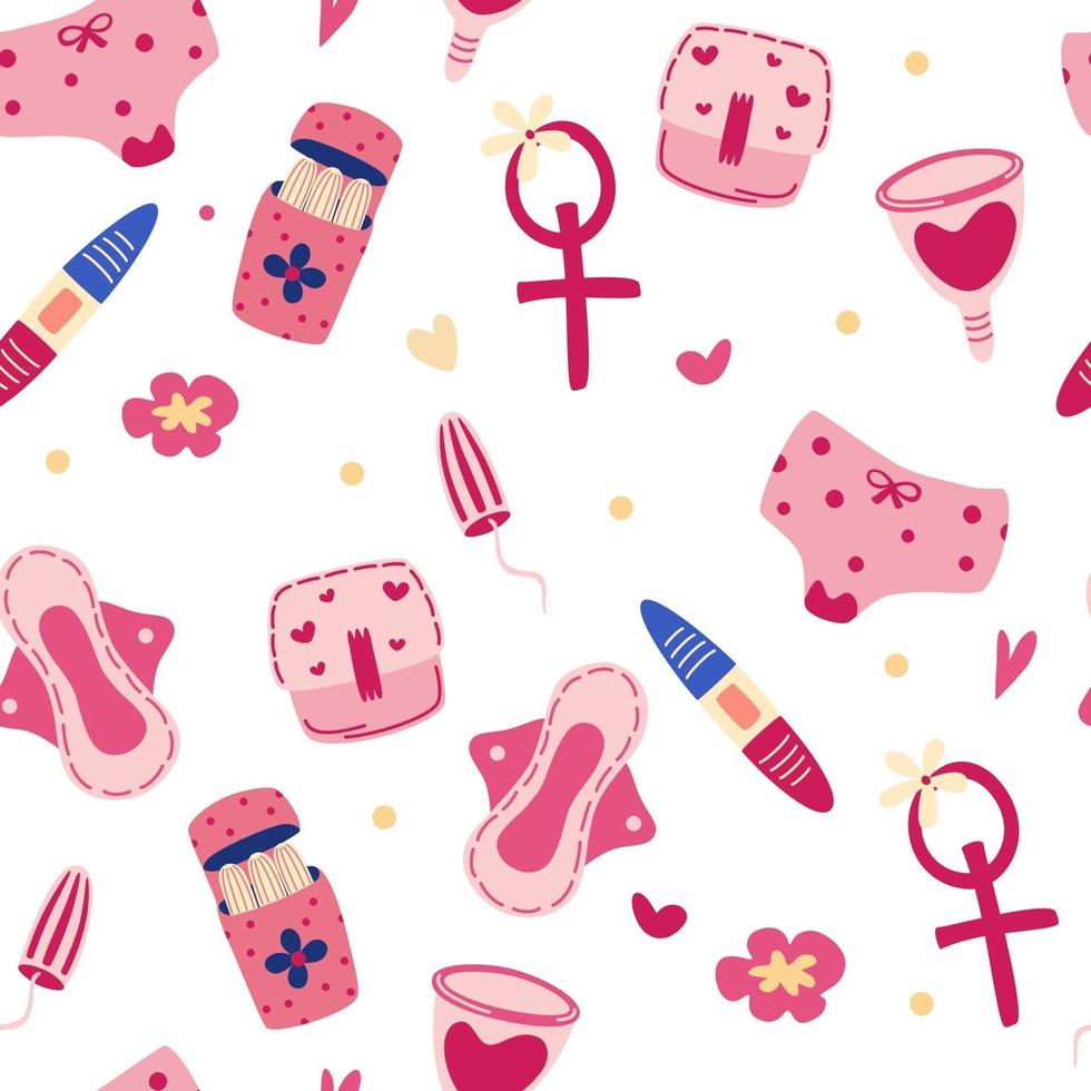 patrón sin costuras con artículos de higiene femenina fondos de pantalla con menstruación tampones almohadillas copas menstruales para tela papel de envolver fondo diseño textil período ornamento vector