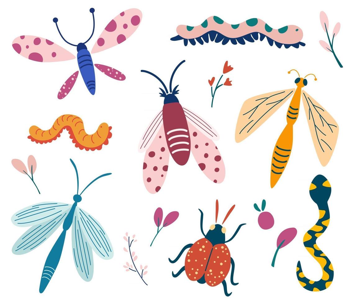 gran conjunto de insectos garabatos escarabajo mariposa polilla gusano libélula serpiente colección de insectos mariposas y polillas con plantas hola primavera tarjeta floral banner vector de dibujos animados ilustración plana