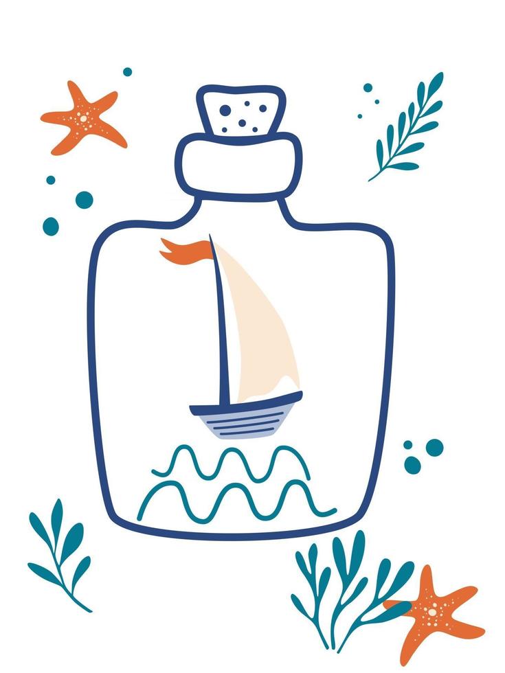 Sailing ship in the bottle Sailboat starfish seaweed and bottle This illustration can be used as a print on T shirts and bags Nautical badge design Vector cartoon flat illustration