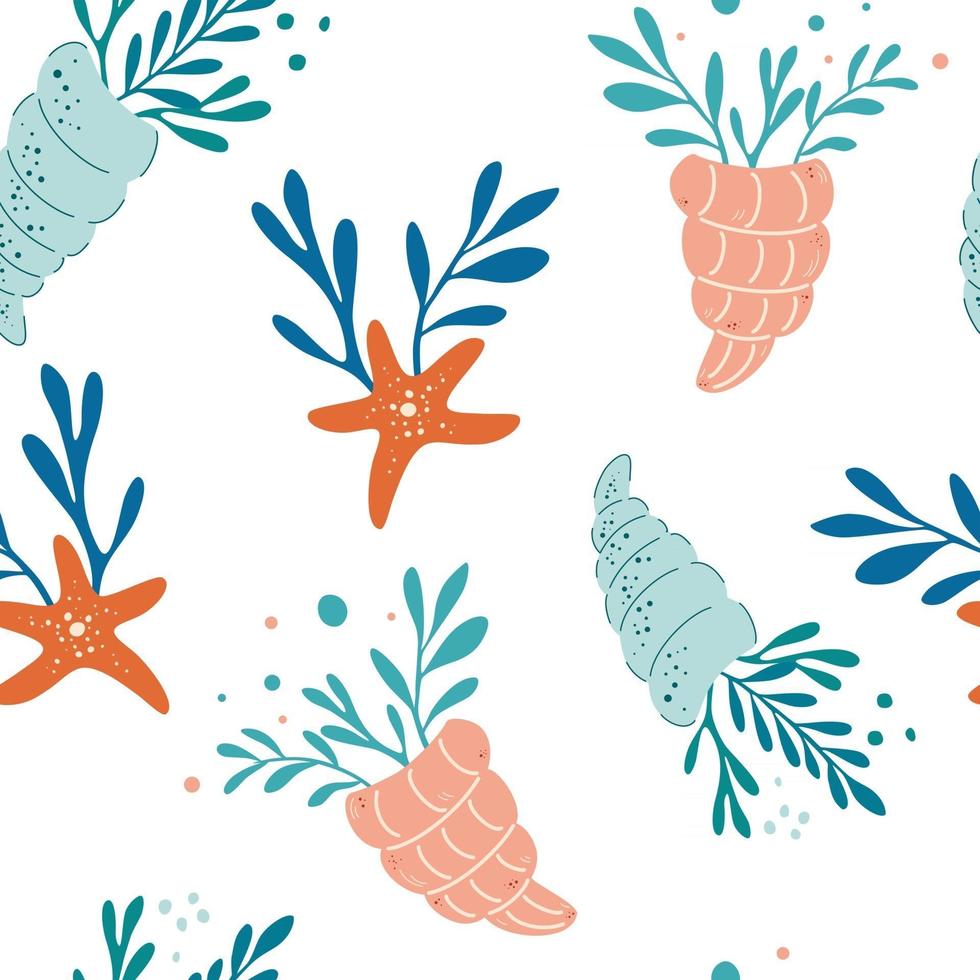 Seamless pattern with seashells algae and starfish Vector seamless sea pattern Seashells corals alga and starfishes Texture for print wallpaper textile Background with marine elements