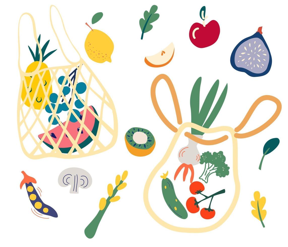 Net bag with food Set of Trendy eco shopper with fruits vegetables Reusable textile shopping bags Local market concept Zero waste plastic free eco life Vector cartoon flat illustration
