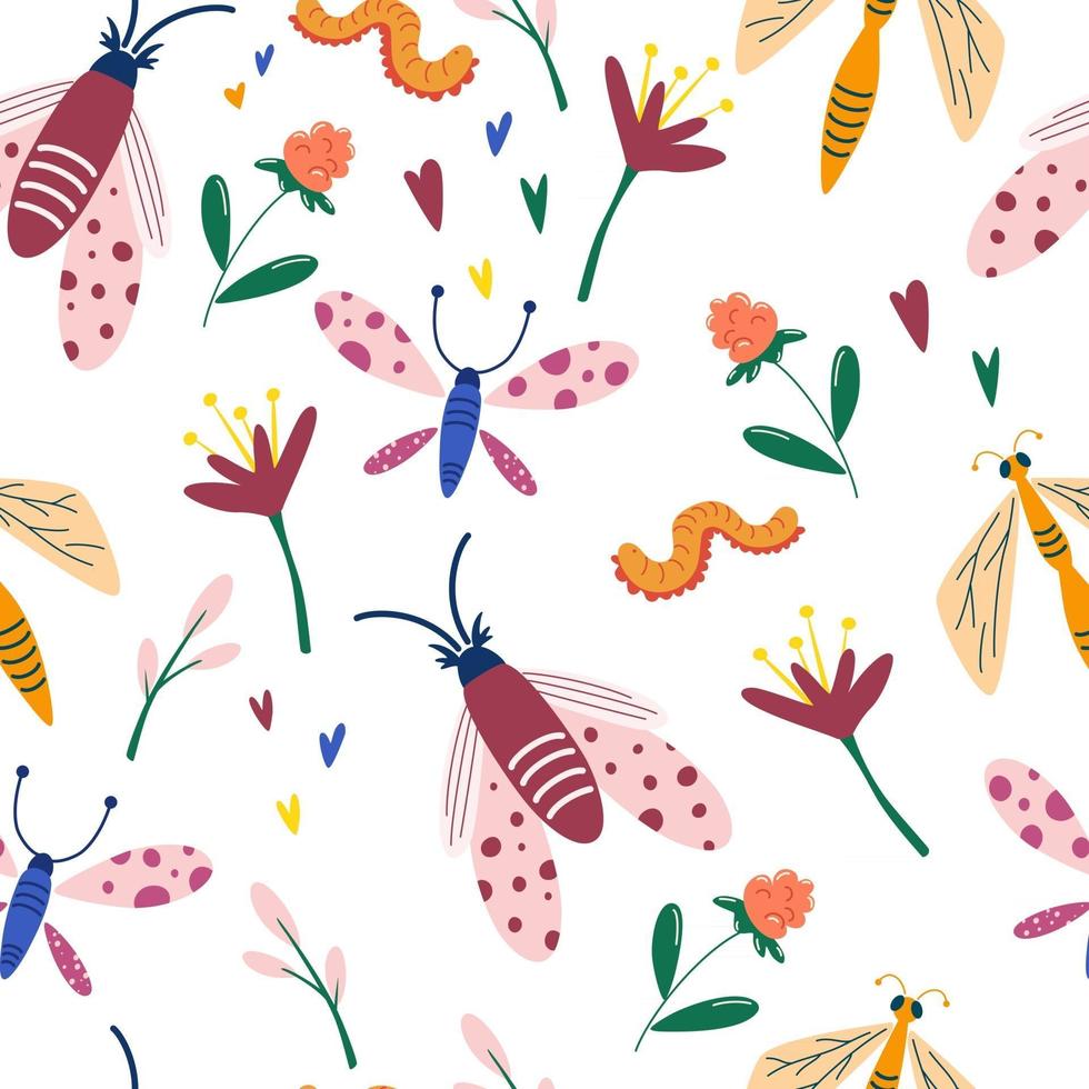 Seamless pattern with insects and wildflowers Butterflies dragonflies flowers worms Summer meadow seamless pattern Hand drawn decorative texture for fabric wallpaper Vector flat illustrations