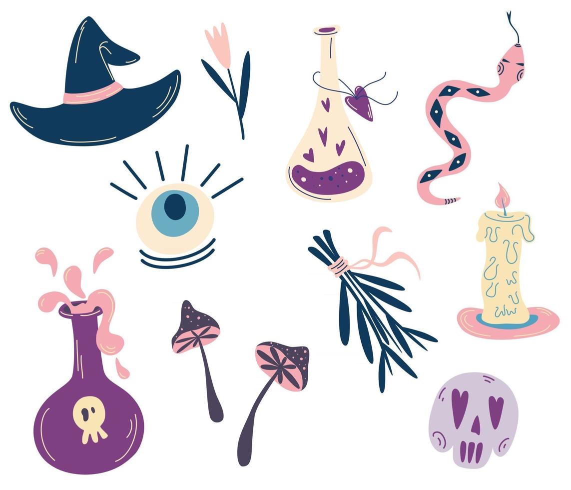 conjunto de elementos mágicos de brujas símbolos de brujería poción calaveras ojos de cristal colección de serpientes elementos de halloween para tatuaje impresión textil para camisetas y bolsos tarjetas ilustraciones vectoriales vector