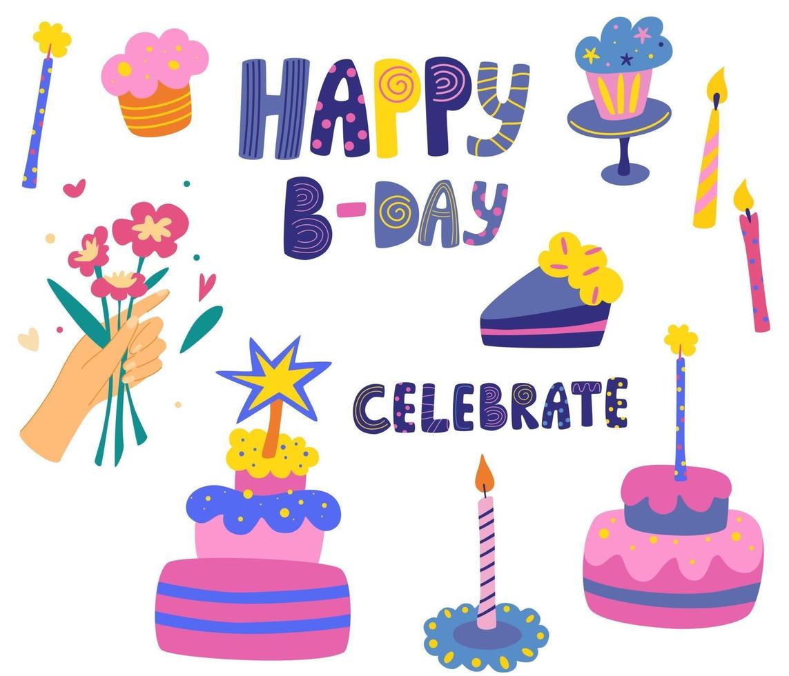 Fiesta y cumpleaños artículos decorativos flores tortas velas panqueques y letras concepto de cumpleaños conjunto de ilustraciones vectoriales planas vector