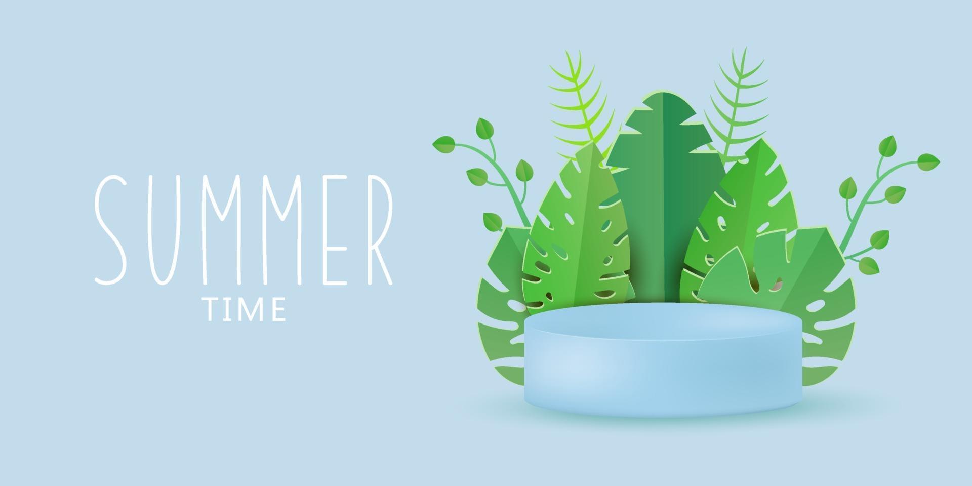 Trendy podium for summer with tropical leaves Background vector