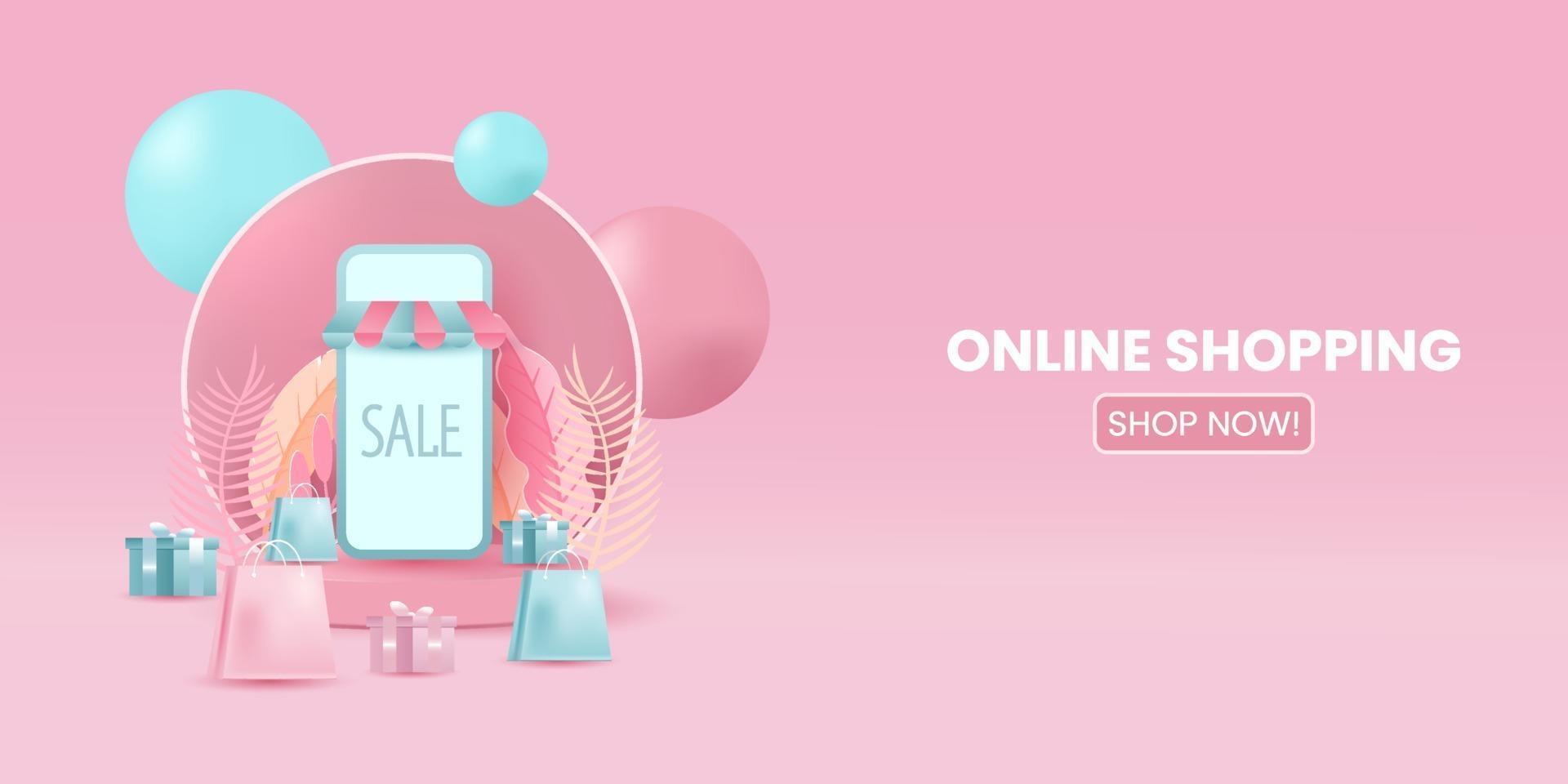 Online shopping store with mobile application digital marketing and sale banner background vector