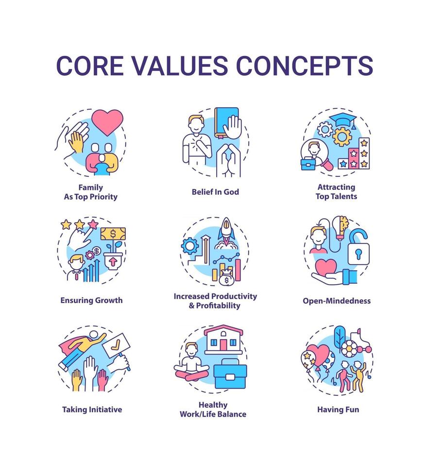 conjunto de iconos de concepto de valores fundamentales vector