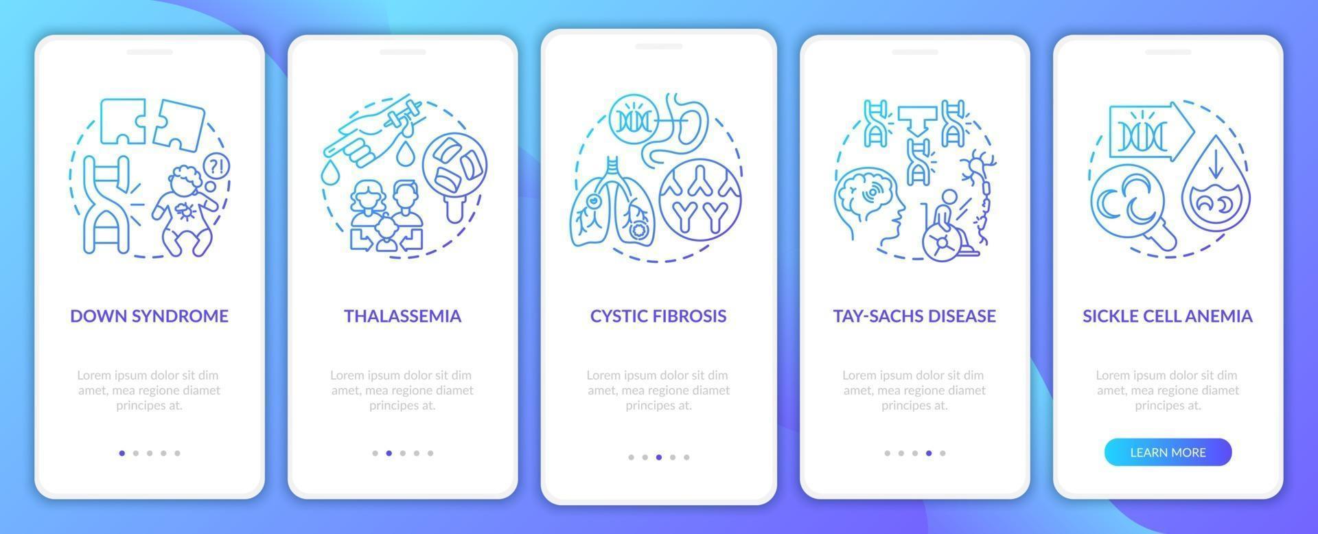 Most common genetic diseases navy onboarding app page screen with concepts vector