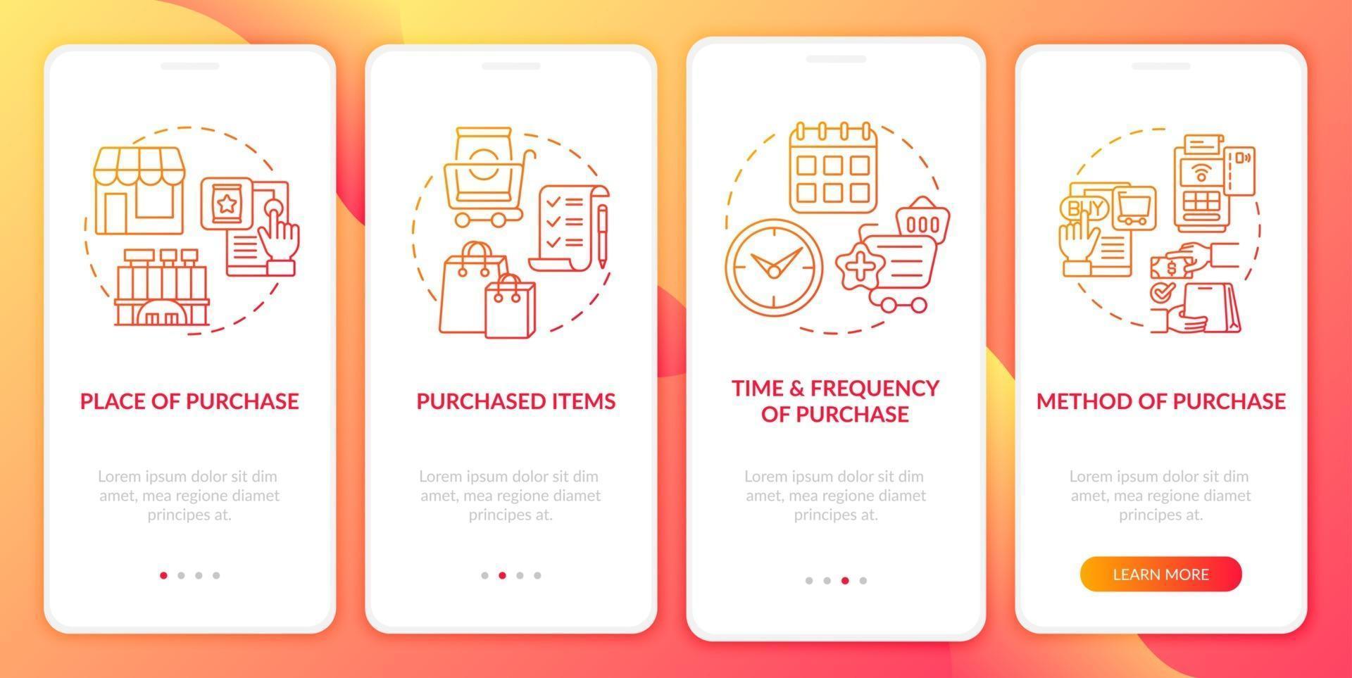 Consumer behavior patterns onboarding mobile app page screen with concepts vector