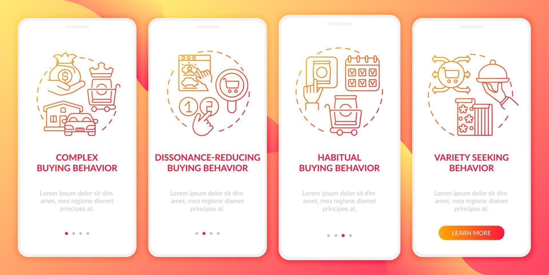 Tipos de comportamiento del consumidor que incorporan la pantalla de la página de la aplicación móvil con conceptos vector