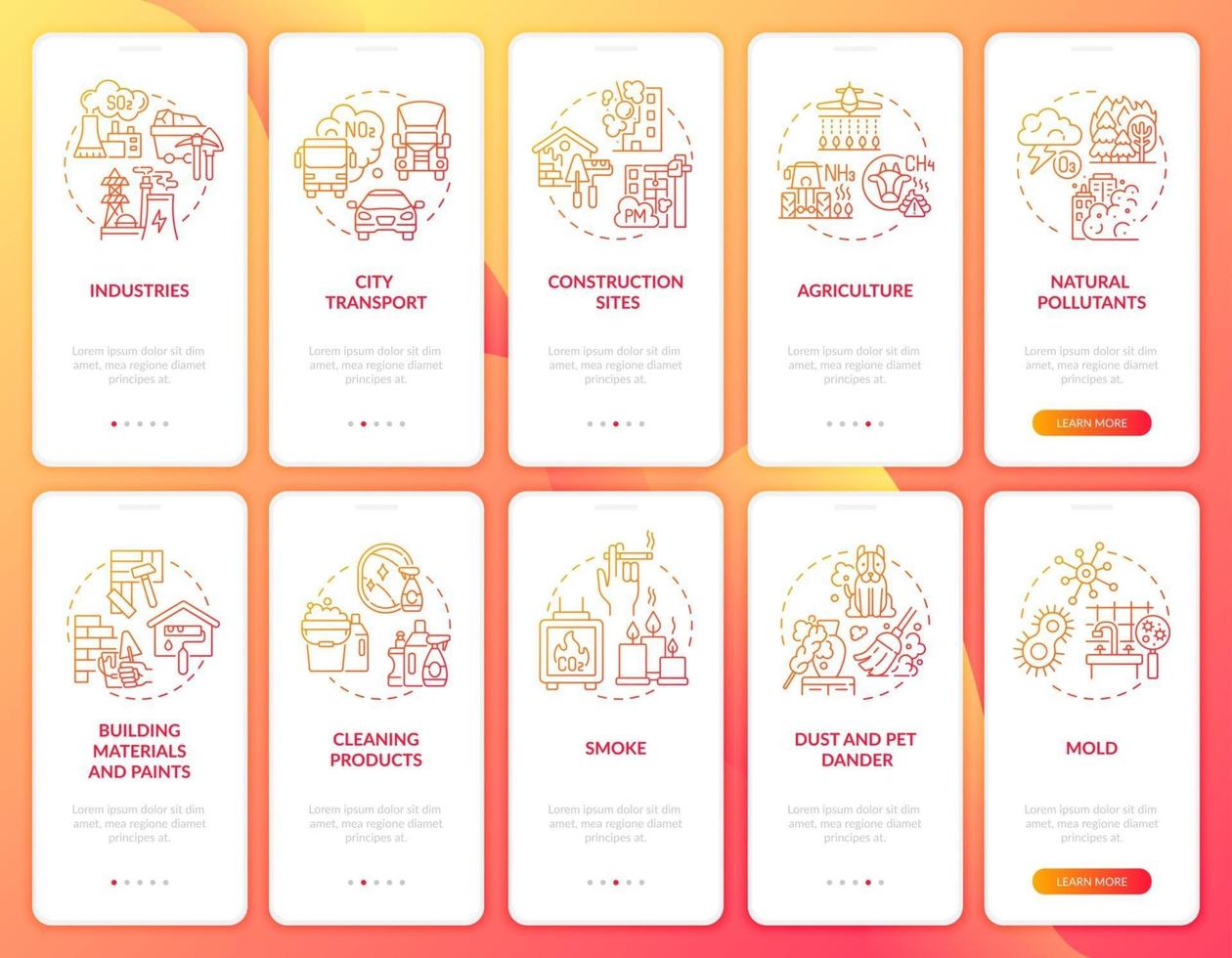 Air pollution disease onboarding mobile app page screen with concepts set vector