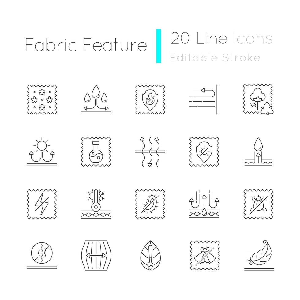 Different types of fabric feature linear icons set vector