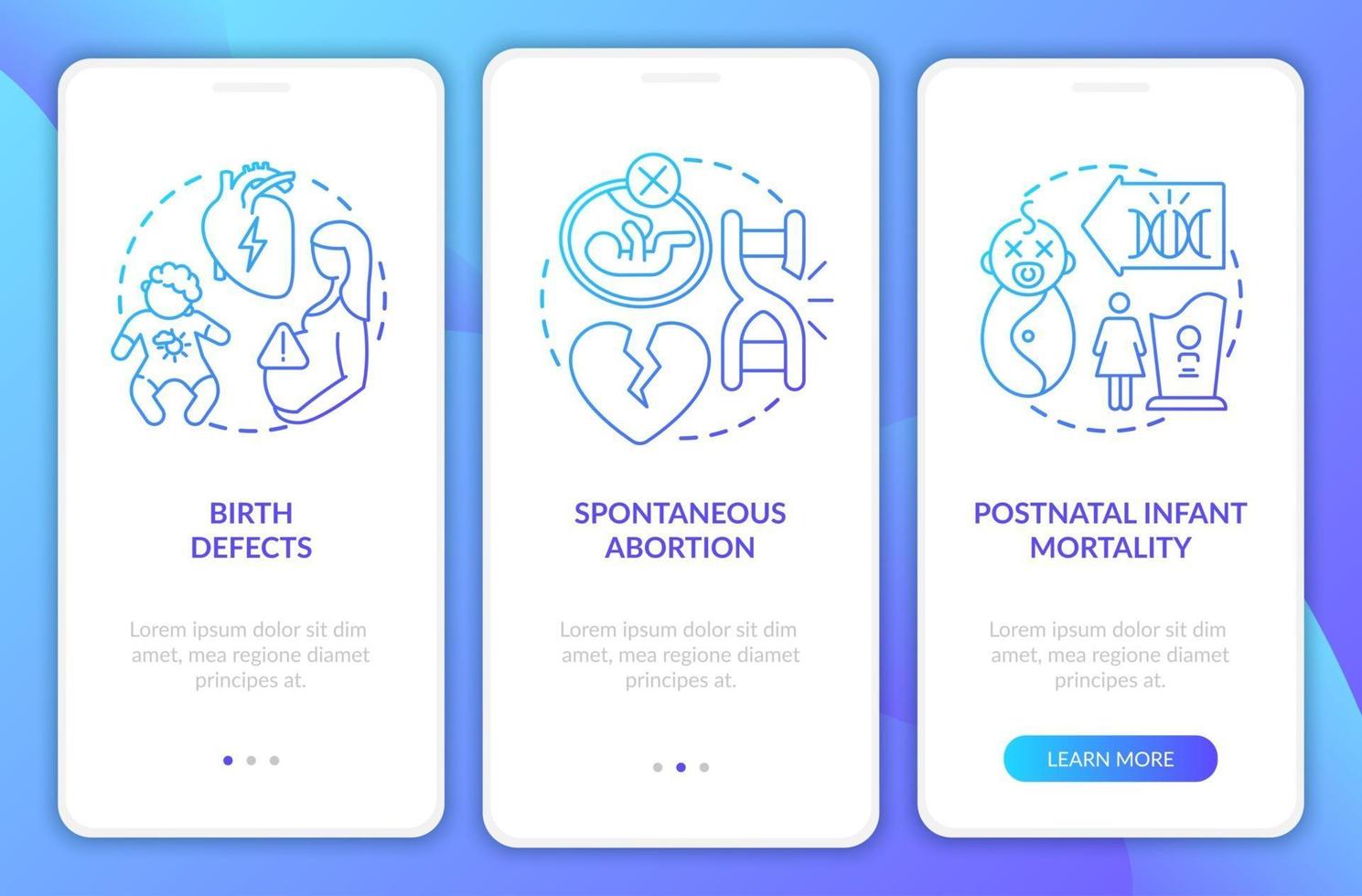 Genetic defects results navy onboarding mobile app page screen with concepts vector