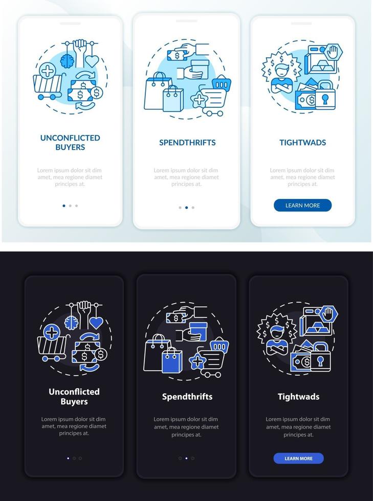 Consumer types onboarding mobile app page screen with concepts vector