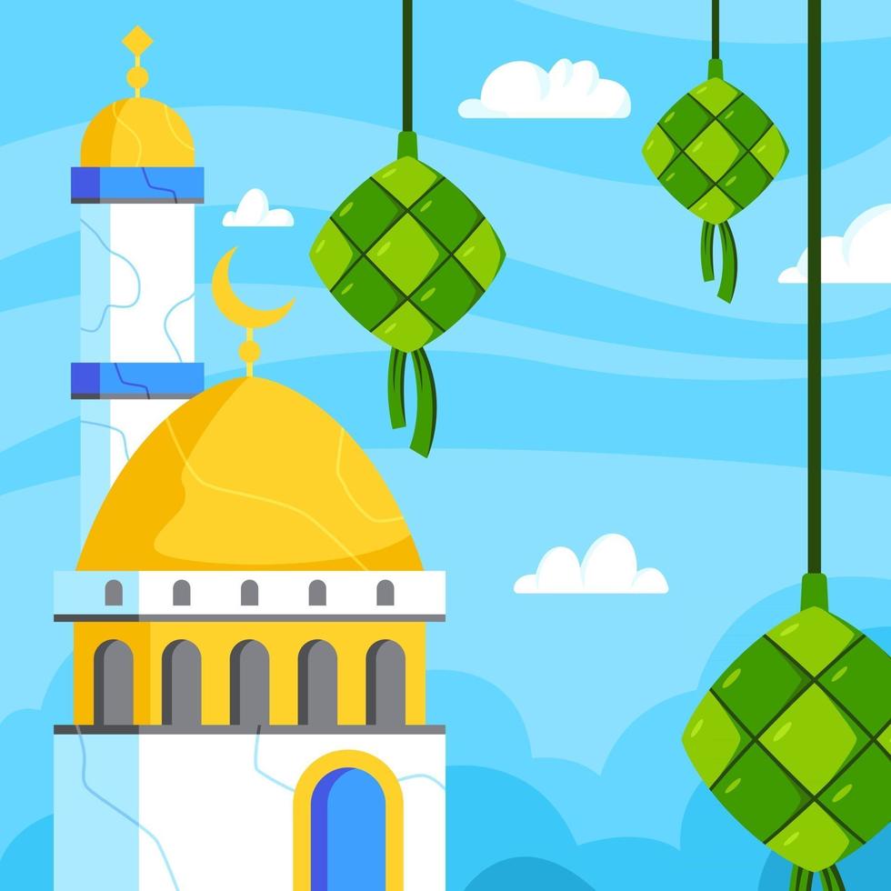 Eid Mubarak with Ketupat and Mosque Background vector