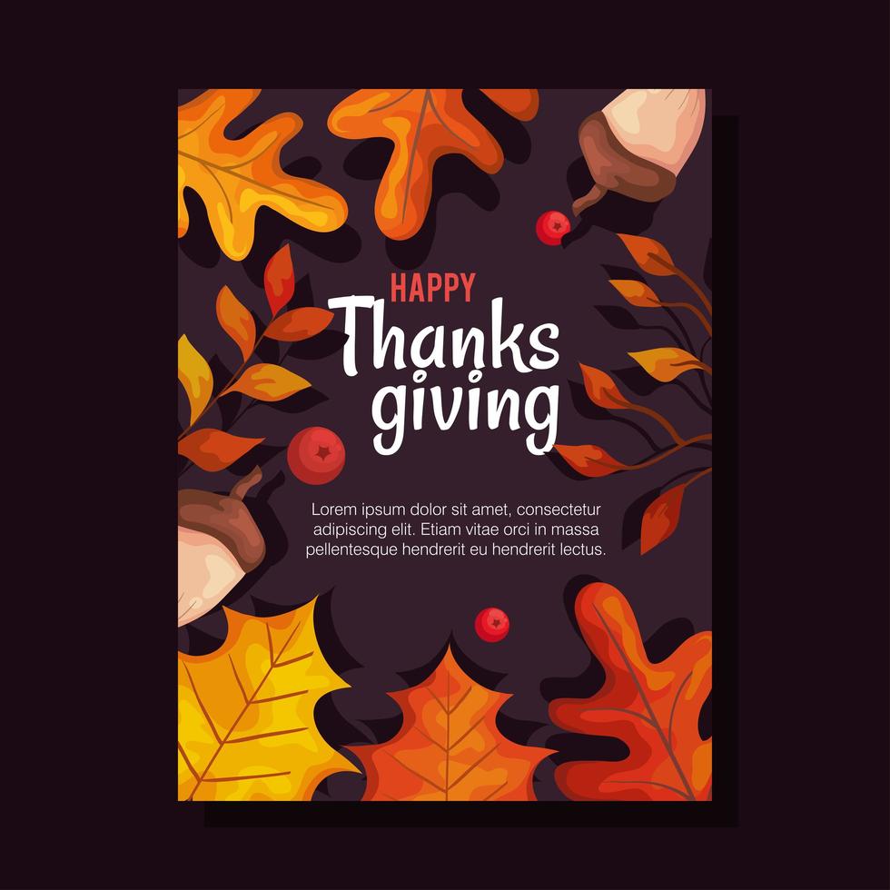thanksgiving day card with autumn leaves and acorns vector design