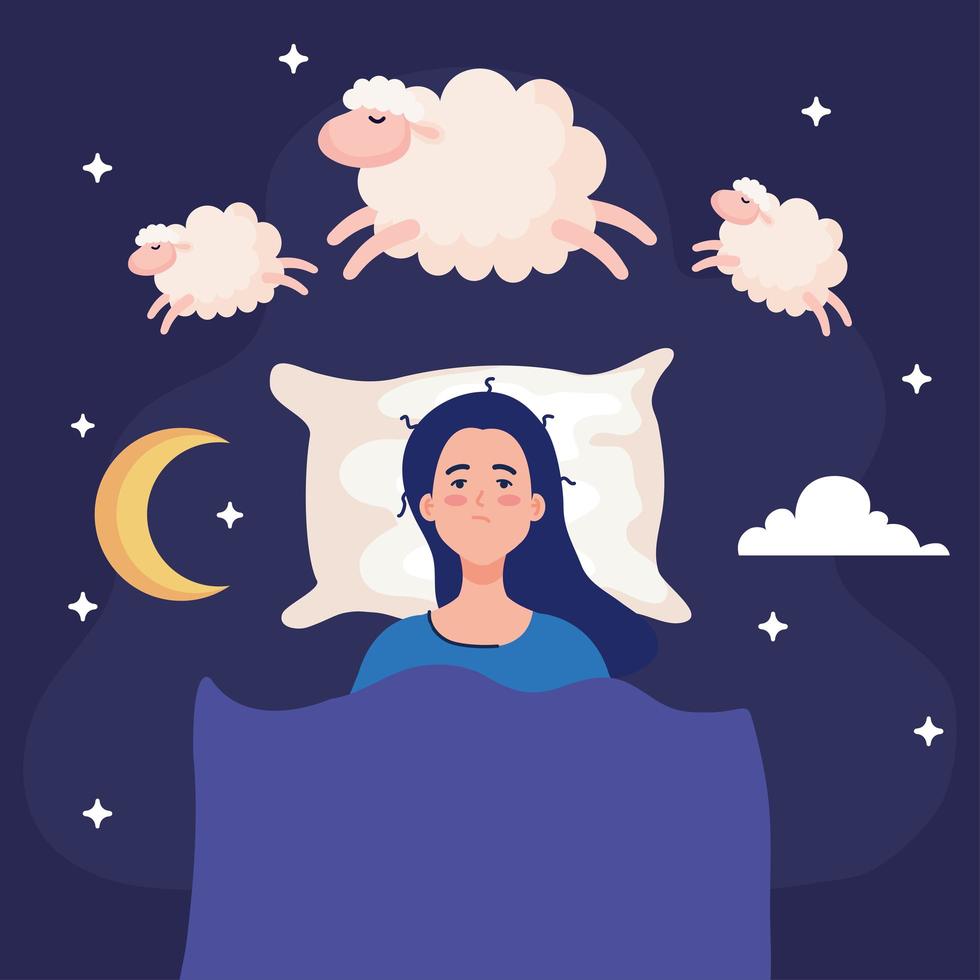mujer de insomnio en la cama con diseño de vector de ovejas
