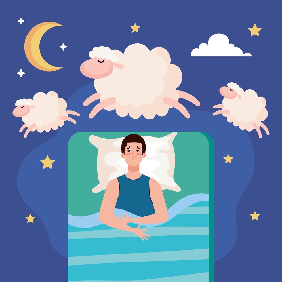 insomnio, hombre, cama, con, almohada, y, ovejas, vector, diseño vector