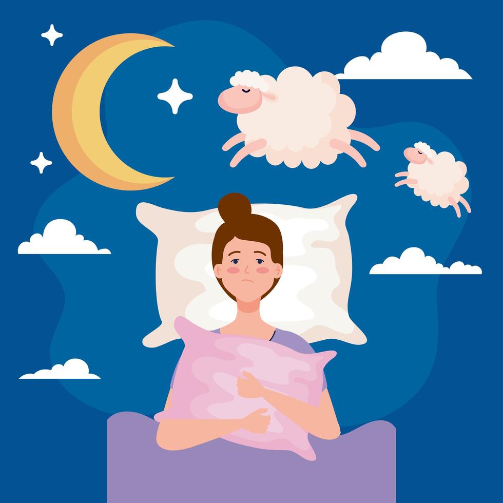 insomnia woman on bed with pillow and sheeps vector design
