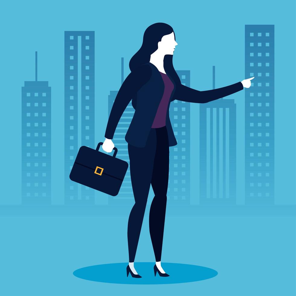 Businesswoman with suitcase in front of city buildings vector design