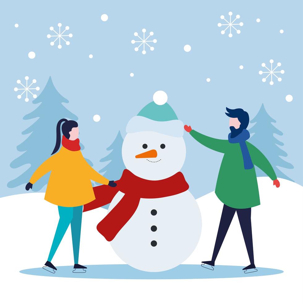 merry christmas woman and man with snowman vector design