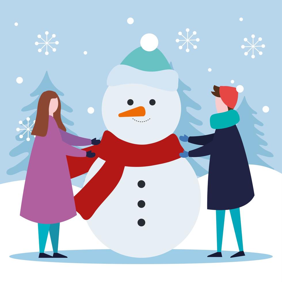 merry christmas boy and girl kids with snowman vector design