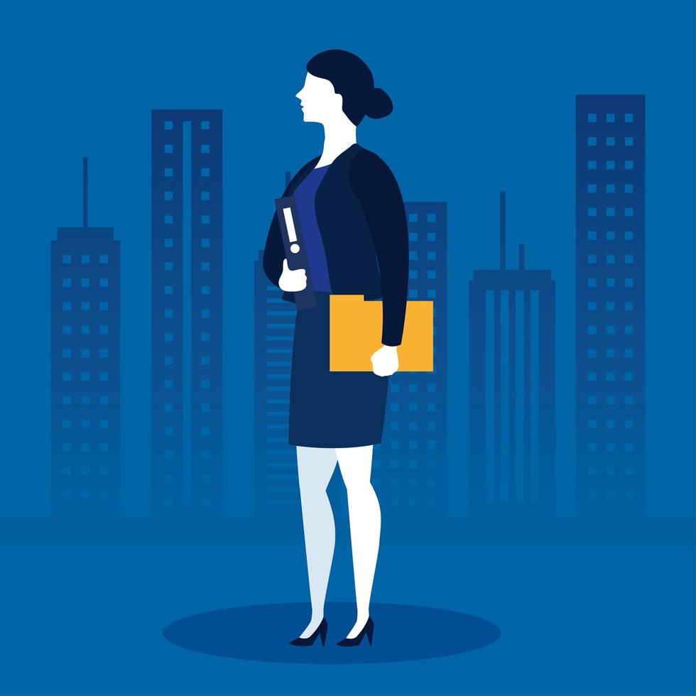 Businesswoman with file in front of city buildings vector design