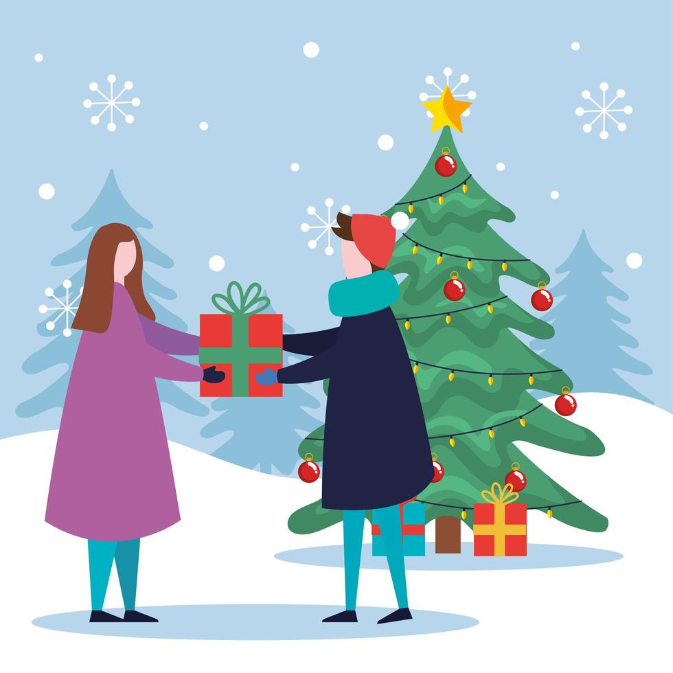 merry christmas boy and girl with pine tree and gifts vector design