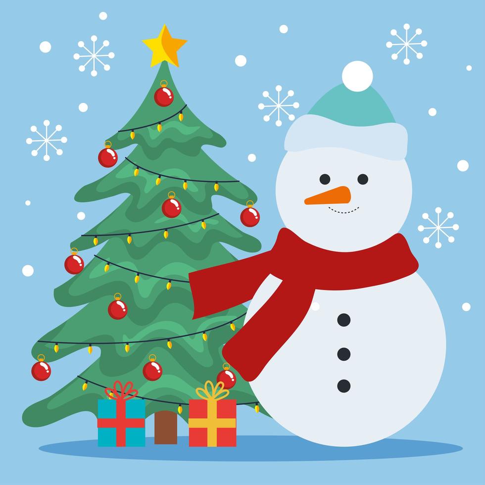 merry christmas pine tree with gifts and snowman vector design