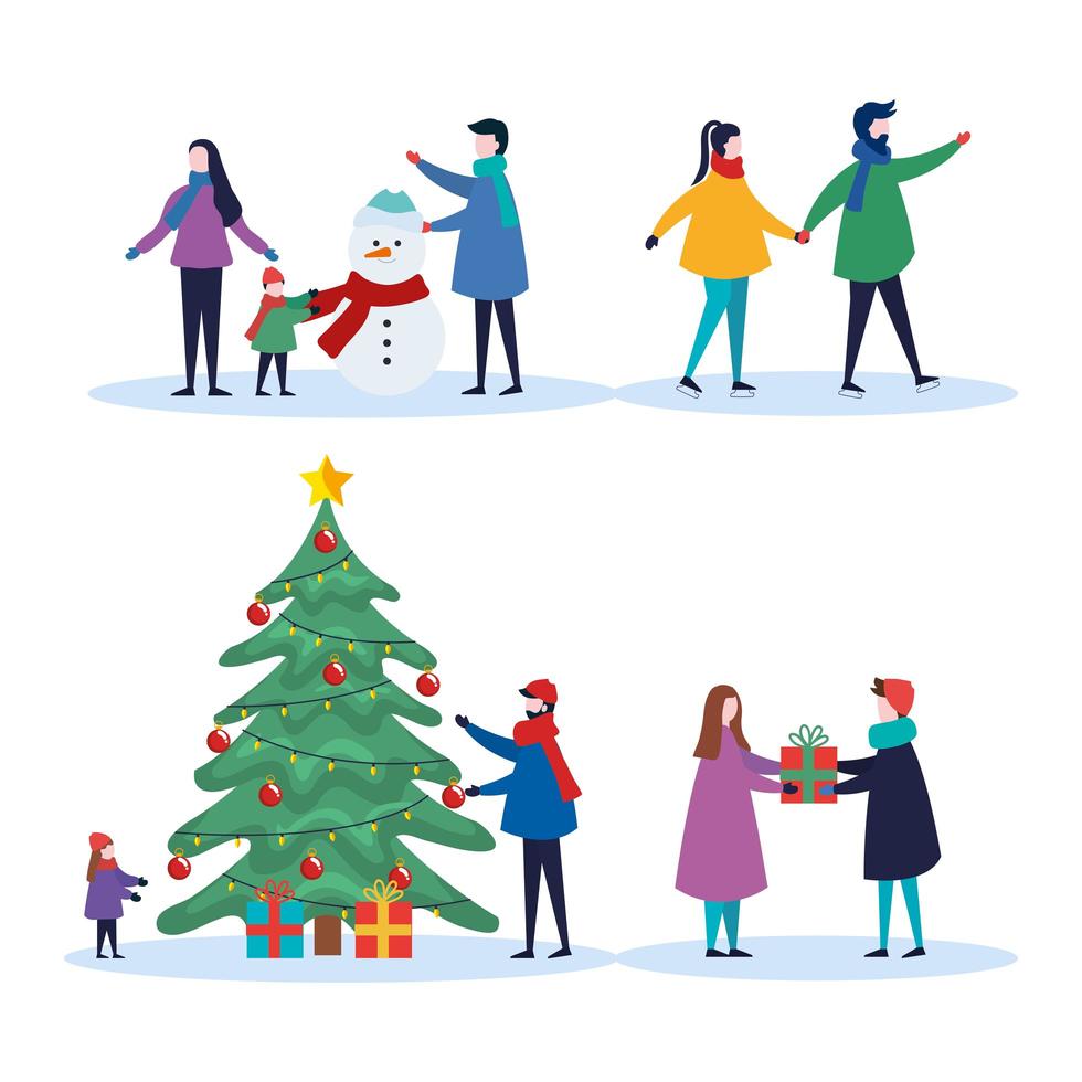 merry christmas family with pine tree gifts and snowman icon collection vector design
