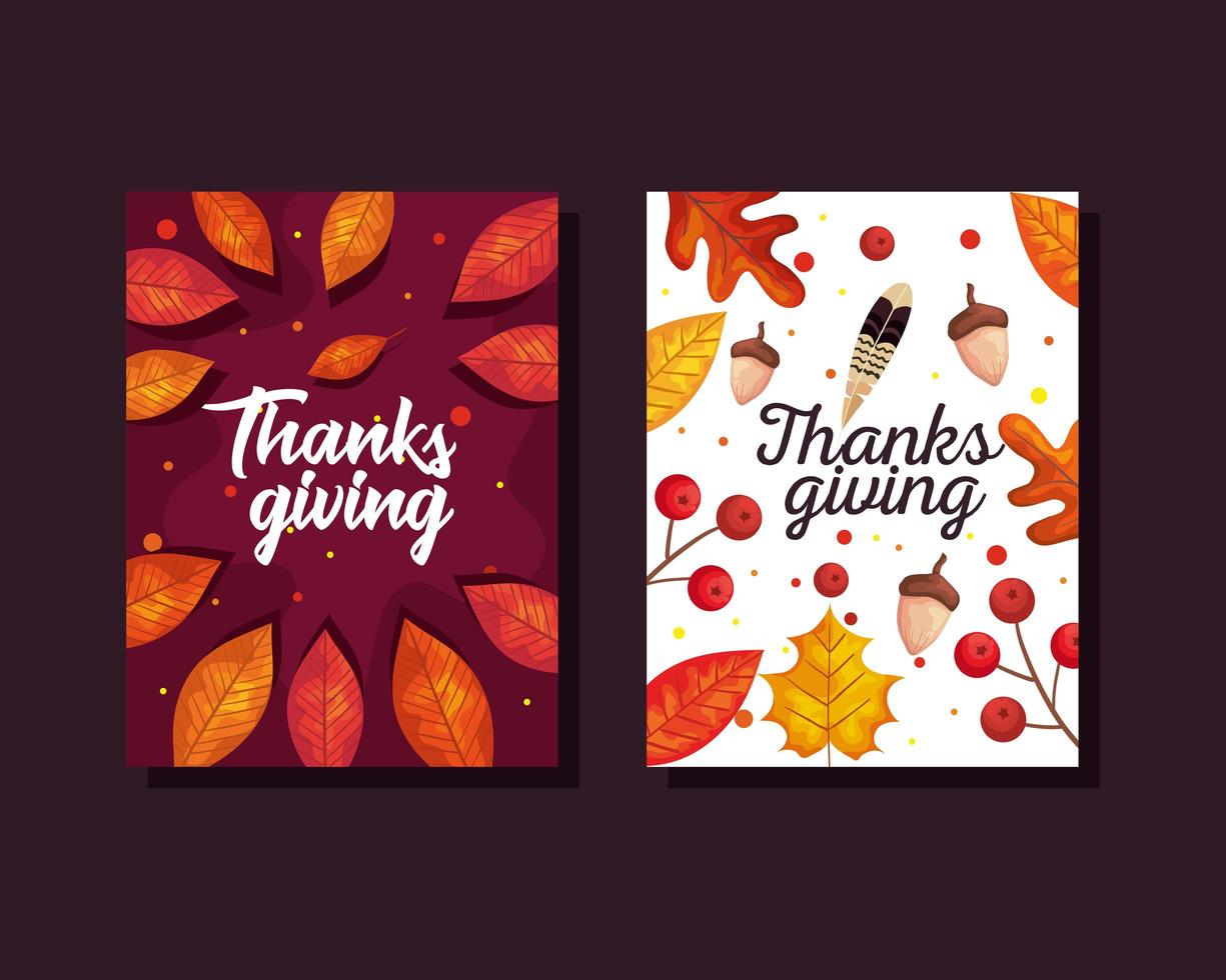 Tarjetas del día de acción de gracias con hojas de otoño y diseño vectorial de bellotas vector