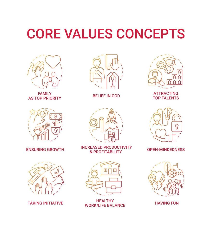 Core values concept icons set vector