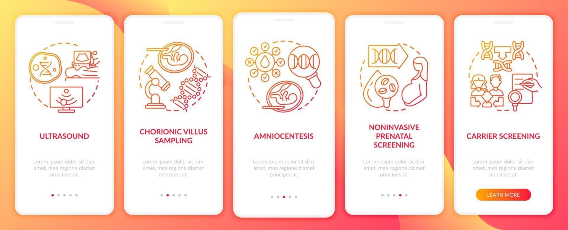 Genetic diseases testing red onboarding mobile app page screen with concepts vector