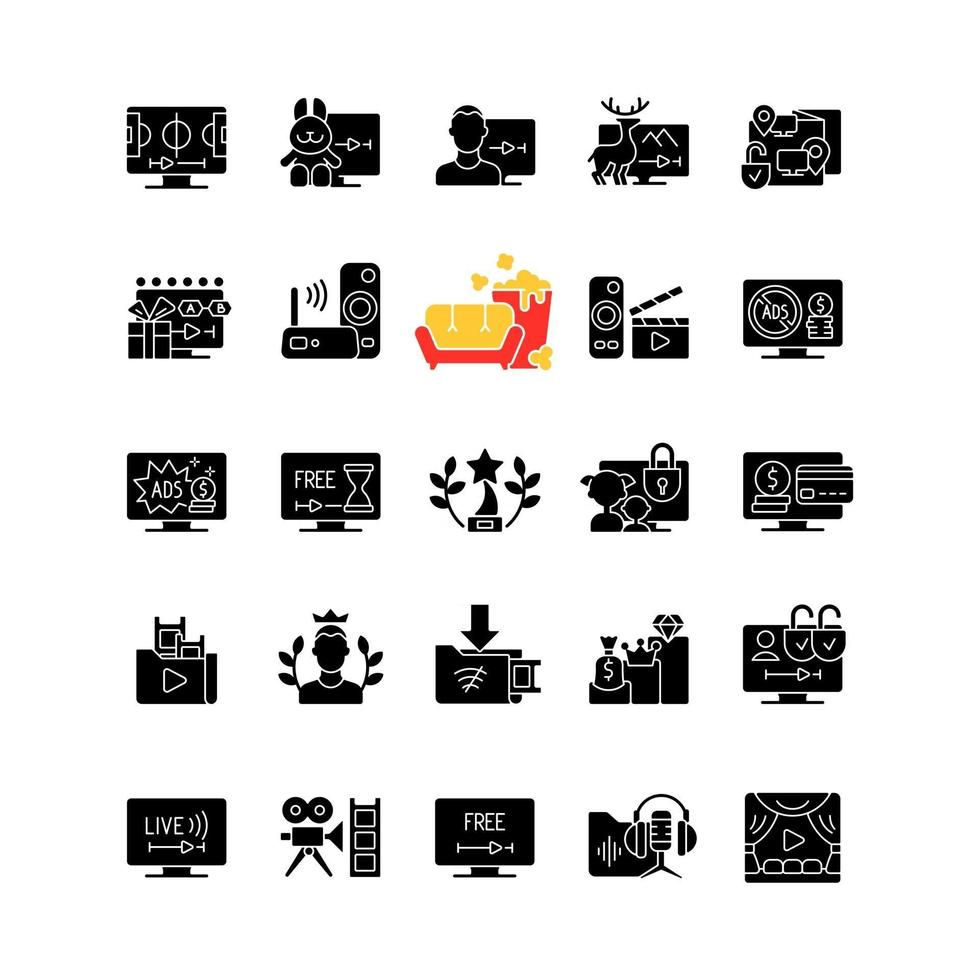 Streaming services black glyph icons set on white space vector