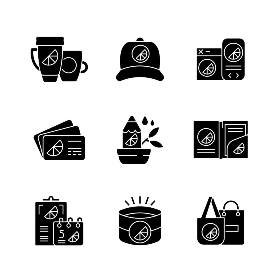 materiales de marca de la empresa iconos de glifos negros en espacio en blanco vector