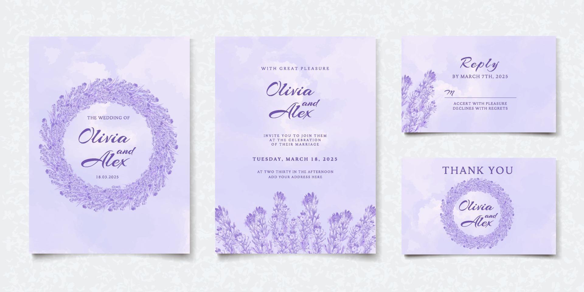 tarjeta de invitación de boda floral púrpura acuarela vector