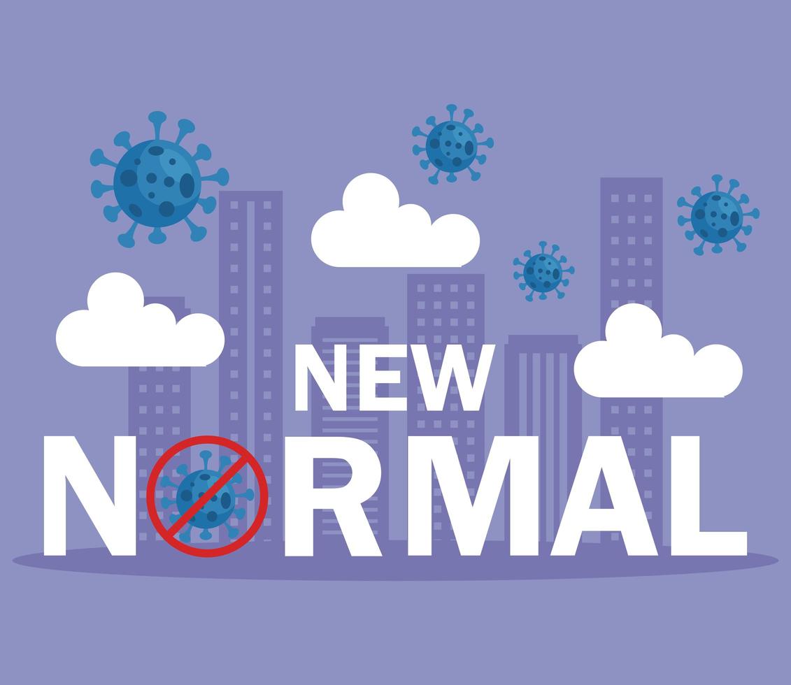 New normal covid 19 virus with ban and clouds at city vector design